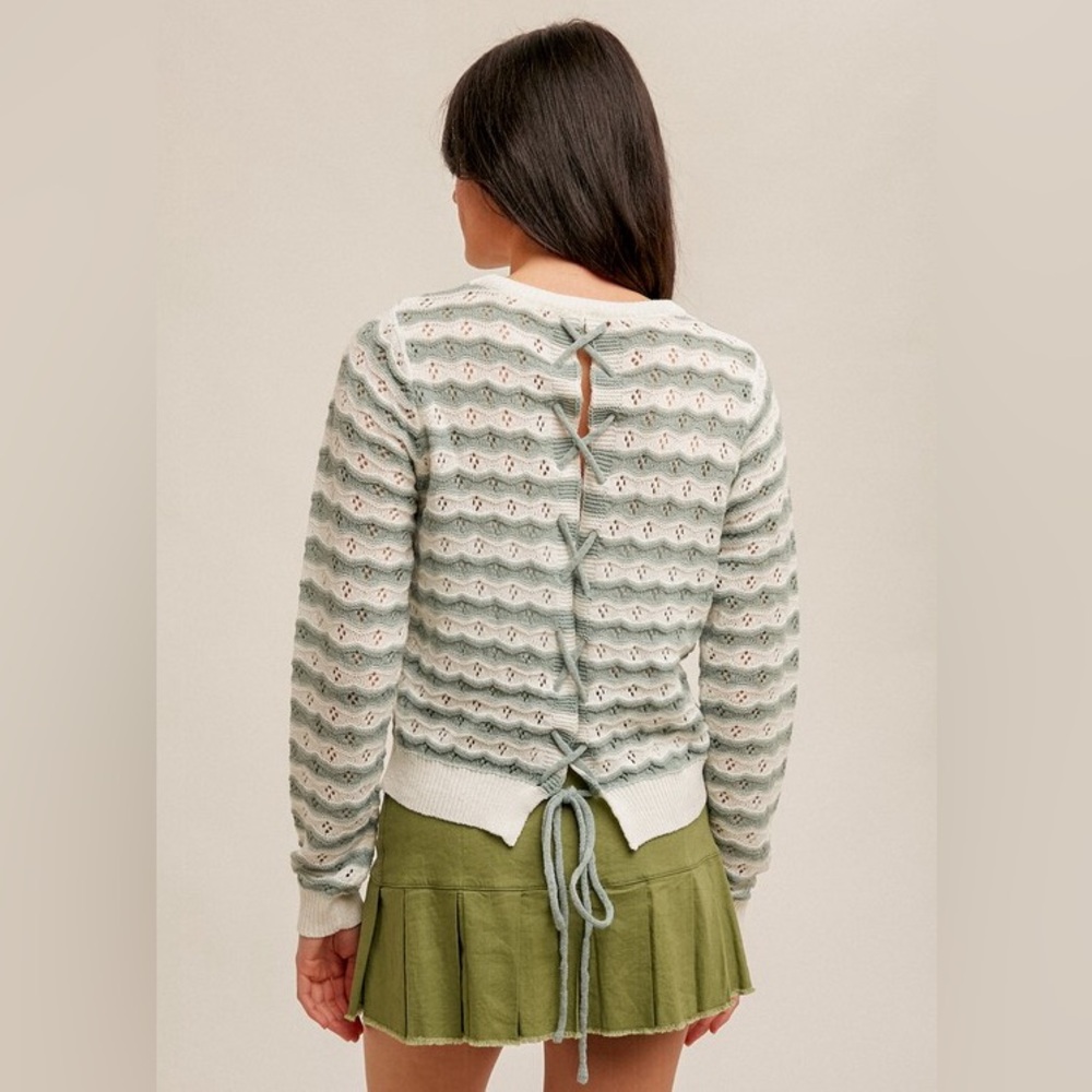 Green blue poi yellow eyelet floral lace back pullover sweater tunic top